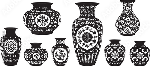 Black and white ornate vases pottery ceramic