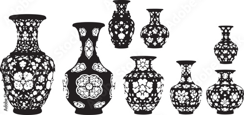 Black and white ornate vases with floral patterns ceramic