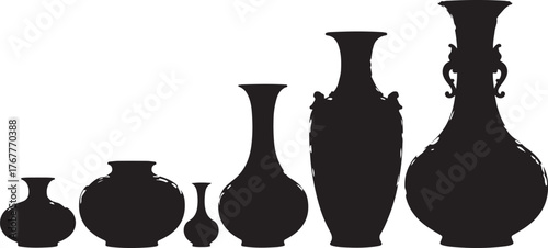 Black ceramic vases of varying shapes and sizes silhouette