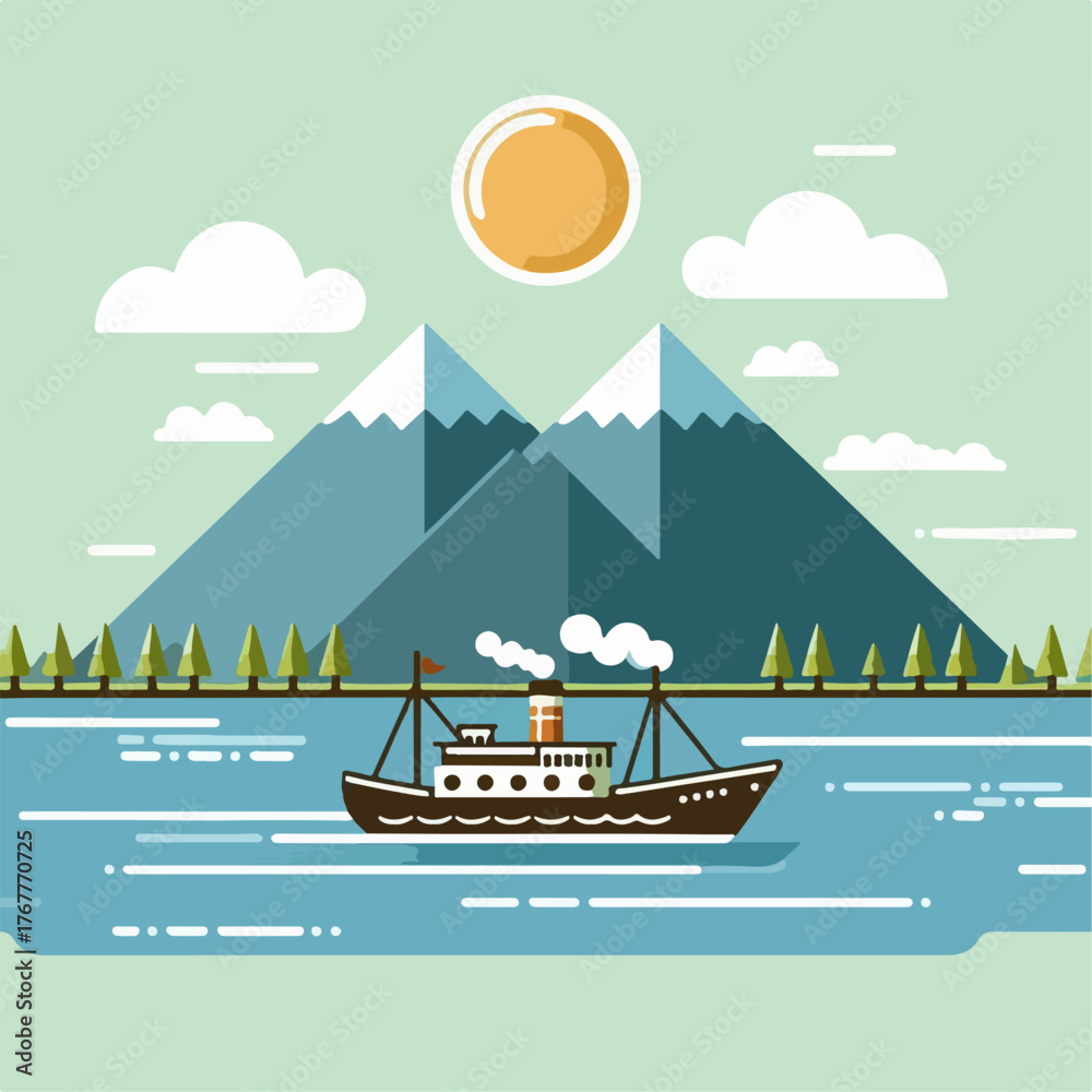 Obraz premium Illustration of an island view with a ship