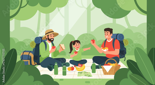 Family Enjoying Nature's Bounty With Picnic In A Forest Setting Together