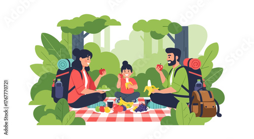 Family Enjoying Picnic Adventure In Nature With Backpacks And Healthy Fruits