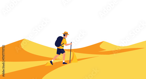 Desert Explorer Hiking Through The Shifting Sands Under A Blazing Sunshine