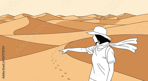 Desert Explorer Points To The Distance Adventure With Windblown Scarf