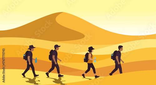 Desert Explorers Embarking On Expedition Through The Shifting Sand Dunes In The Golden Hour