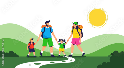 Family Hiking Adventure Along Scenic Trail, Enjoying The Warmth Of The Sunlight, On The Green Hills