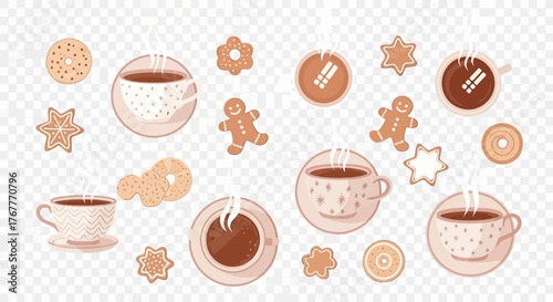 Digital illustration of steaming cups of hot chocolate and Christmas treats, including gingerbread men and cookies, on a transparent background with a festive holiday theme.