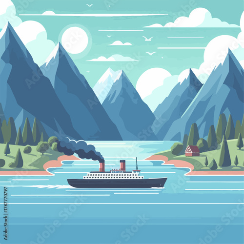 Illustration of an island view with a ship