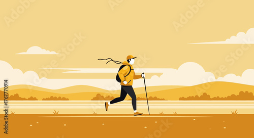 Energetic Hiker Walking in the Wilderness, Illustration of a Outdoor Activity Scene