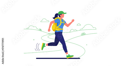 Energetic Woman With Backpack Is Running On The Path In Green Fields