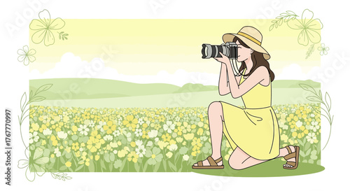 Enthusiastic Woman Taking Photos In Field Of Colorful Summer Flowers Illustration