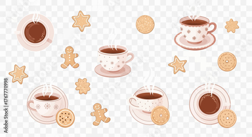 Digital illustration of hot chocolate cups and Christmas cookies on a transparent background for holiday-themed designs on a special day.