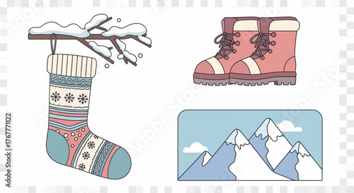 A colorful Christmas stocking hangs from a snowy branch next to a pair of pink boots and a scenic mountain landscape on a clear winter day.