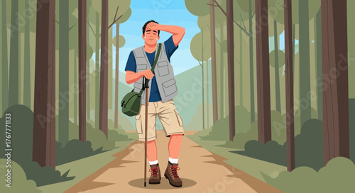 Exhausted Hiker Resting on a Forest Trail After Adventure Under the Warm Sun