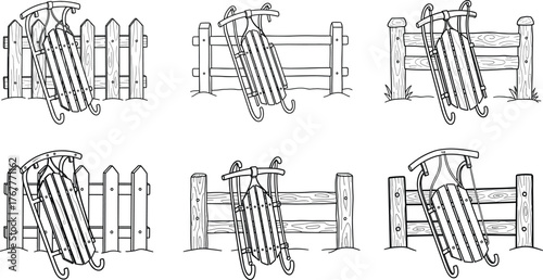 Set of Wooden Sled and Fence Outline Vectors: Winter Sleigh and Picket Barrier Line Art Illustrations