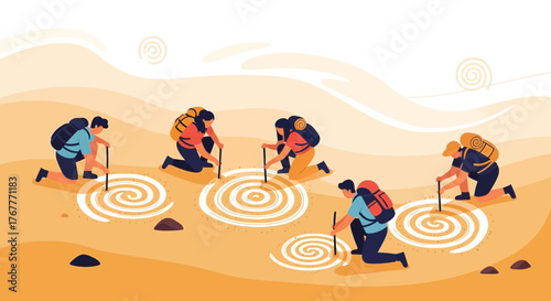 Explorers Carving Spirals Into Earth Depicting Exploration or Travel Activities