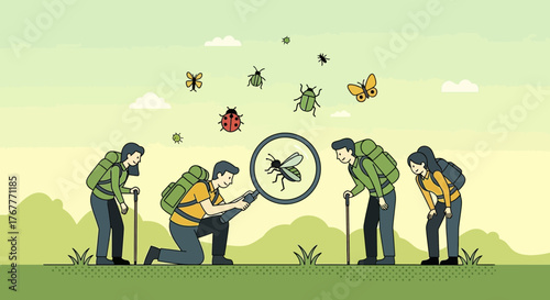 Explorers Discovering Insect Life And Inspecting Bugs With Magnifying Glass Illustration