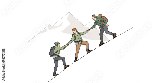 Group Of Adventurers Assisting Each Other While Ascending A Mountain Slope