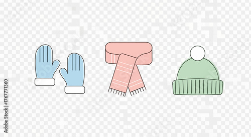 Colorful illustration of winter clothing items including blue mittens, pink scarf and green hat on a transparent background for Christmas Day decoration.