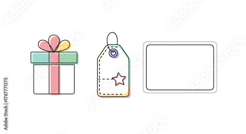 Colorful illustration of a gift box with a pink ribbon and a tag on a white background for Christmas Day celebrations.
