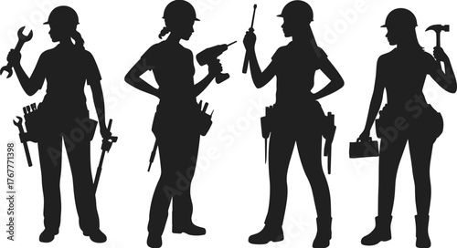 Construction workers silhouette, manual labor, power tools, wrench, drill, hammer, tradesmen, industrial workforce, skilled labor, tool belt, boots, teamwork, repair, maintenance, infrastructure