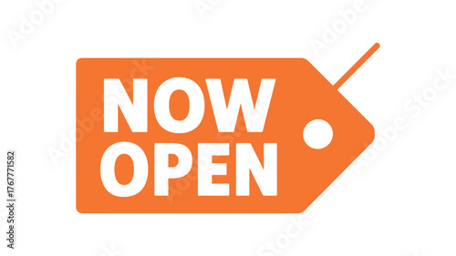 Flat vector banner design text NOW OPEN bold font orange and white palette tag shape minimal vector isolated on white