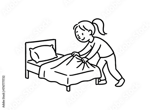 Doodle line comic style vector illustration white girl with pony tail making bed morning pulling blanket black outline simple imperfect lines minimal details isolated on white