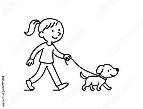 Doodle line comic style vector illustration white girl with pony tail walking dog on leash black outline simple imperfect lines minimal details isolated on white