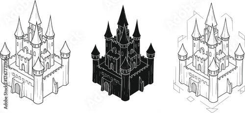 Isometric Fantasy Castle Vector Set: Detailed Outline, Silhouette, and Wireframe Icons for Medieval Architecture