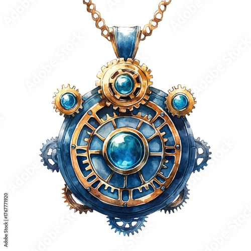 Steampunk Gear Pendant, watercolor clipart vector, isolated on a white background.