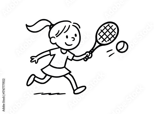 Doodle line comic style vector illustration white girl with pony tail playing tennis with racket black outline simple imperfect lines minimal details isolated on white