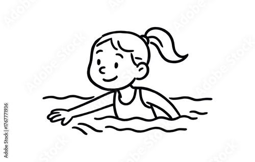 Doodle line comic style vector illustration white girl with pony tail swimming pool black outline simple imperfect lines minimal details isolated on white