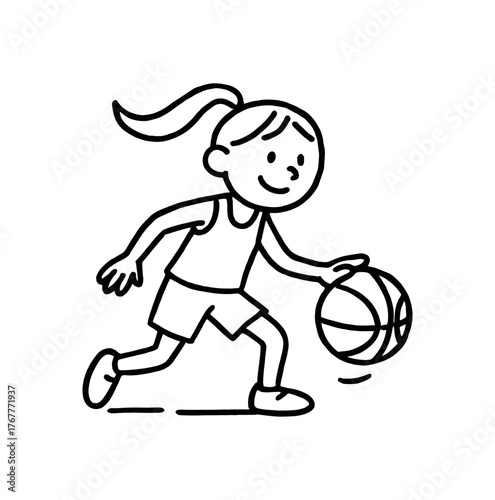 Doodle line comic style vector illustration white girl with pony tail playing basketball dribbling black outline simple imperfect lines minimal details isolated on white