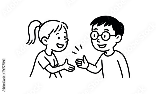 Doodle line comic style vector illustration white girl with pony tail meeting partner Asian boy with round glasses black outline simple imperfect lines minimal details isolated on white