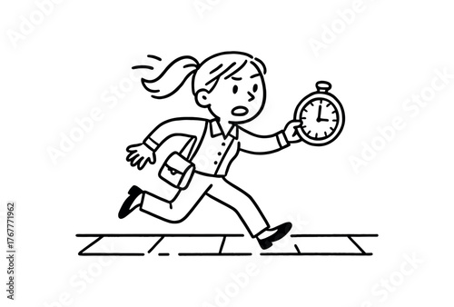 Doodle line comic style vector illustration white girl with pony tail running late to work on sidewalk black outline simple imperfect lines minimal details isolated on white