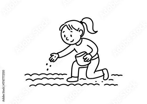 Doodle line comic style vector illustration white girl with pony tail planting seeds field black outline simple imperfect lines minimal details isolated on white