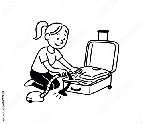 Doodle line comic style vector illustration white girl with pony tail vacuum sealing suitcase packing for trip black outline simple imperfect lines minimal details isolated on white