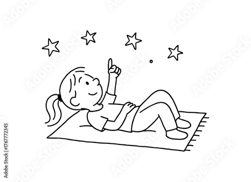 Doodle line comic style vector illustration white girl with pony tail stargazing lying on blanket black outline simple imperfect lines minimal details isolated on white