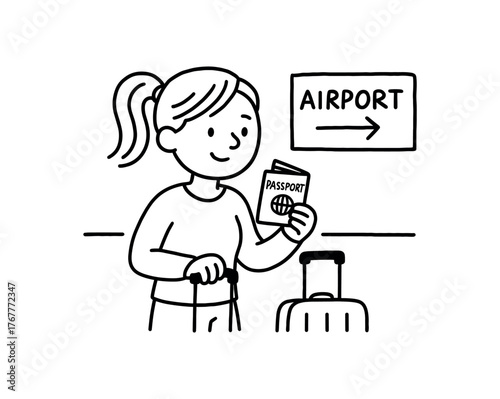 Doodle line comic style vector illustration white girl with pony tail checking passport at airport black outline simple imperfect lines minimal details isolated on white