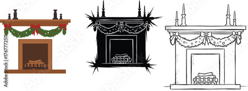 Set of Christmas Fireplace Vectors: Decorated Mantel with Garland, Flat Color, Distressed Silhouette, and Sketch Outline