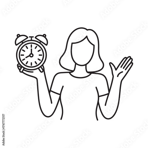 Woman holding an alarm clock with a questioning gesture