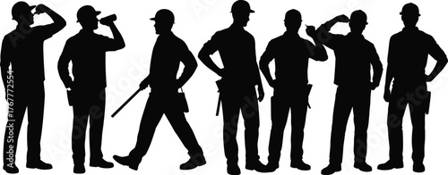 Construction workers silhouette, safety gear, industrial labor, hard hats, occupational poses, engineering team, infrastructure crew, worksite diversity, building professionals, tools