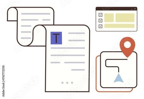 Documents alongside browser with a checklist and location map with pin and route. Ideal for organization, document sharing, navigation, communication, workflows, project planning, simple flat
