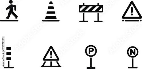 Road signs, traffic symbols, pedestrian crossing, parking icon, warning triangle, construction cone, urban safety, black and white icons, vector illustration