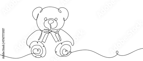A cute teddy bear with a bow tied around its neck, one continuous line. Digital single line sketch drawing vector illustration edited strokes.