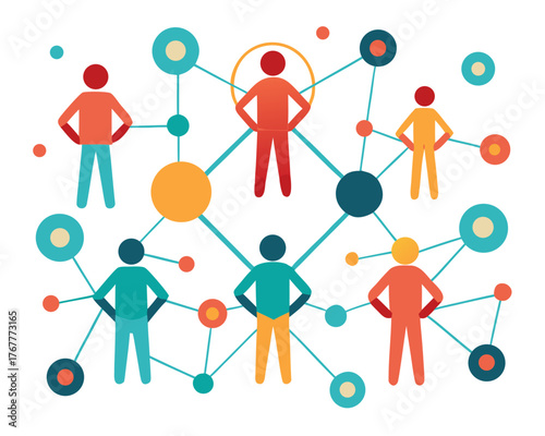 Hierarchical Social Network or Business Team Vector Illustration with Connected Stylized People Figures, Depicting Central Leadership and Modern Communication Structure.