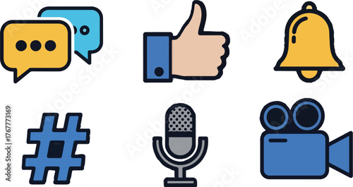 Social media icons representing communication and engagement on black