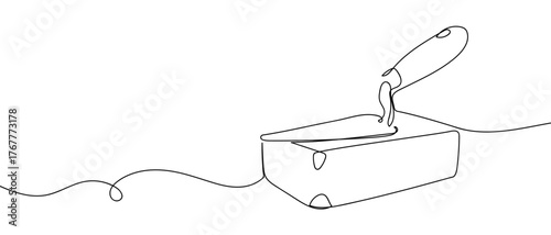 A construction trowel is placed on the bricks, one continuous line. Digital single line sketch drawing vector illustration edited strokes.