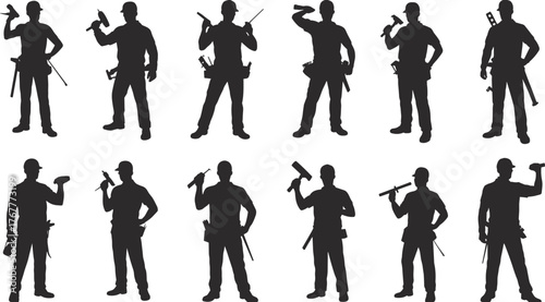 Construction worker silhouettes, manual labor icons, industrial tools, handyman poses, black vector figures, tradesmen clipart, repair crew graphics, isolated illustrations