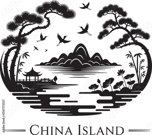 China Island Asian Traditional Landscape Silhouette Mountains Pagoda Lake Vector Art